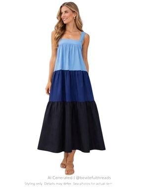 Coastal Cottagecore Tiered Maxi Dress Blue Colorblock Smocked Bodice M